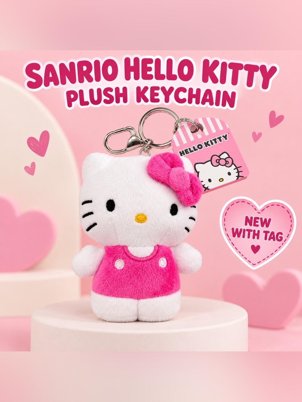 Sanrio Hello Kitty Pink and White Plush Keychain with Bow